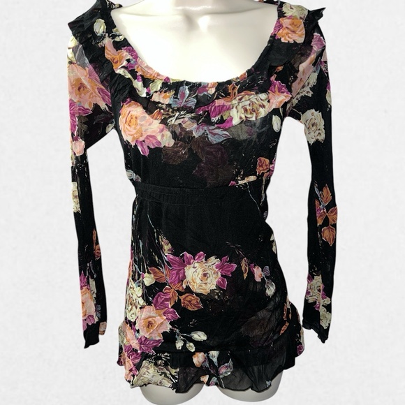 INC Petites Size PS‎ Double-Layered Black Ruffled Tunic Top Sheer Sleeves Floral - Picture 1 of 10